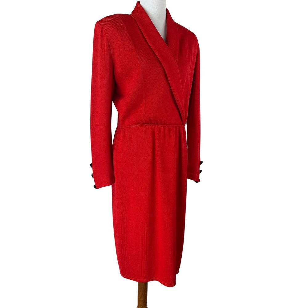 St John Collection Marie Gray Red Knit Shawl Collar Wrap Dress Vintage Womens 10